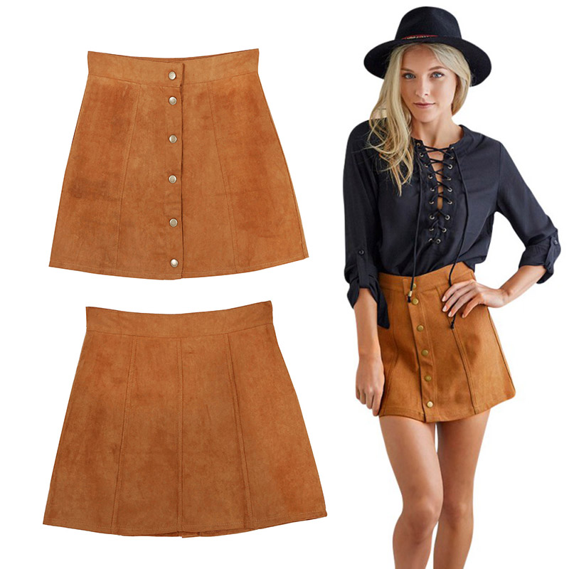 US Women Faux Suede Skirt Khaki High Waist Buttons Pleated Party ...